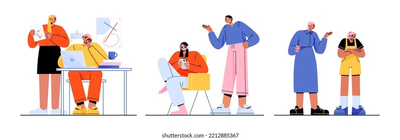 Teenage and parent relation problems. Mother and father scolding and blaming kids. Scenes of misunderstanding, dependence on gadgets, teenagers ignoring mom or dad, Line art flat vector Illustration