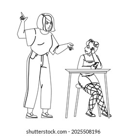 Teenage Parent Screaming At Daughter Kid Black Line Pencil Drawing Vector. Teenage Parent Mother Shouting At Girl, Sad Teen Sitting At Table With Smartphone And Looking At Mom. Characters Illustration