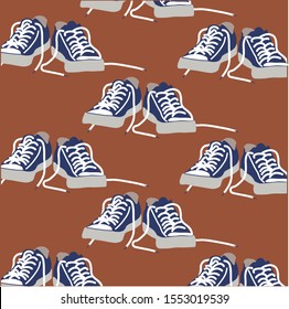 Teenage pattern for a boy. Vector illustration of sneakers, pattern ornament for young men, youth.  Sneakers blue shoes with white laces.