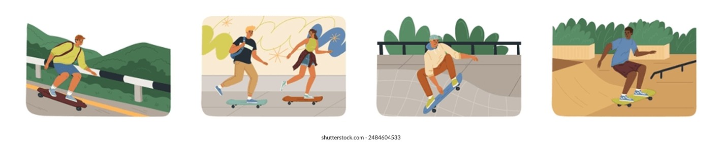 Teenage people cartoon characters skateboarding scene set