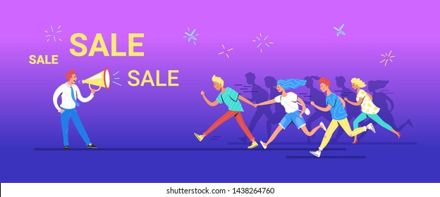 Teenage people running forward concept vector illustration of happy teenagers hurrying to reach shopping sale. Happy shop manager shouting via megaphone to invite consumers making haste forward to him