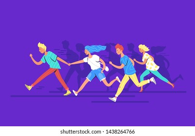 Teenage people running forward concept vector illustration of happy teenagers hurrying together to reach the goal. Young various men and women wearing casual clothes making haste and running forward