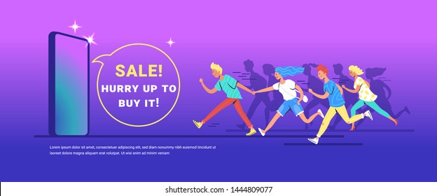 Teenage people running forward concept vector illustration of happy teenagers hurrying to buy a new smartphone. Happy consumers making haste forward to reach shopping sale on gradient background