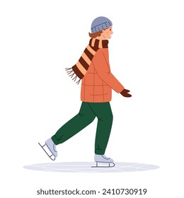 Teenage person ice skating, winter sport activity, flat vector illustration isolated on white background. Young man in warm clothes on holiday, weekend on ice rink, winter vacation, outdoor activity