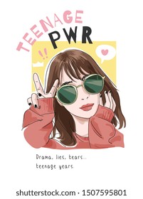 teenage power slogan with cartoon girl in sunglasses 