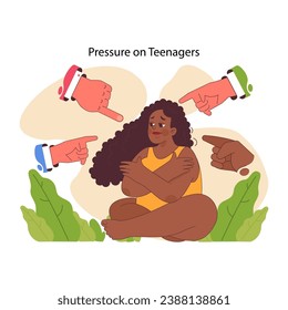 Teenage pressure concept. Distressed young girl surrounded by pointing fingers, depicting societal judgement. Emotional challenges, discrimination faced during adolescence. Flat vector illustration