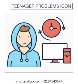 Teenage problem color icon.Spend a lot of time at computer. Avoid real life communication. Escape from reality. Addiction. Social issue concept. Isolated vector illustration