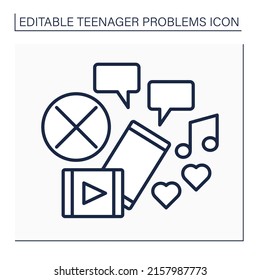 Teenage problem line icon. Online messaging, Exchange info on smartphones. Share video content.Bad influence. Social issue concept. Isolated vector illustration. Editable stroke