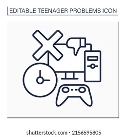 Teenage problem line icon. Spending too much time in virtual reality space. Computer gaming. Bad influence. Social issue concept. Isolated vector illustration. Editable stroke