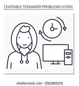 Teenage problem line icon.Spend a lot of time at computer. Avoid real life communication. Escape from reality. Addiction. Social issue concept. Isolated vector illustration. Editable stroke