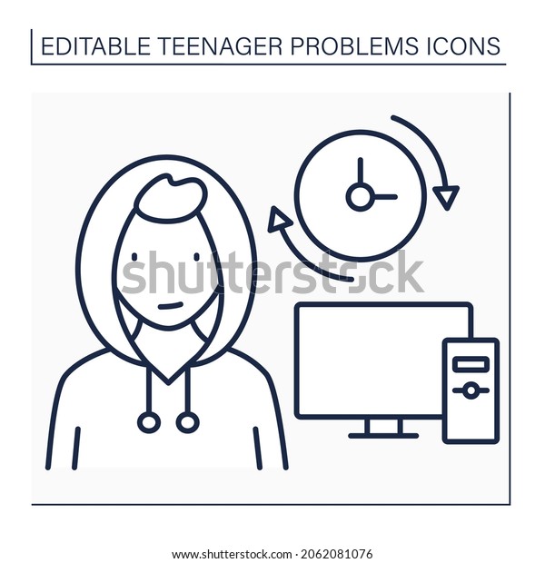 Teenage problem line icon.Spend a lot of time at\
computer. Avoid real life communication. Escape from reality.\
Addiction. Social issue concept. Isolated vector illustration.\
Editable stroke