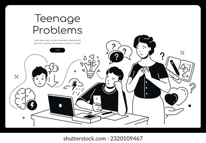 Problemas adolescentes - Banner de estilo moderno de diseño de línea con espacio de copia para texto. Composición con la madre preocupada por su hijo. Comportamiento antisocial, agotamiento, fatiga, estrés. Apoyo familiar