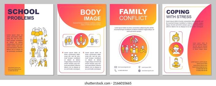 Teenage Problems Red Gradient Brochure Template. Negative Body Image. Leaflet Design With Linear Icons. 4 Vector Layouts For Presentation, Annual Reports. Arial, Myriad Pro-Regular Fonts Used