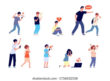 Teenage problems. Teens trouble, unhappy kids. Parents control and emotional anxiety situation. Social network bullying vector illustration. Teenager problem, social victim, bullying and harassment