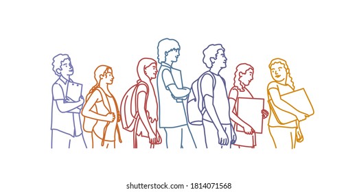 Teenage queue in school, great design for any purpose. Side view. Vector line.