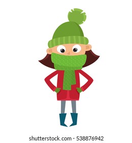 Teenage in red jacket and big green scarf, cartoon vector illustration isolated on white background. Hipster girl in pink hat and mittens, fun winter activity, outdoor leisure time.