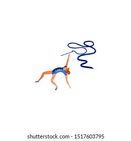 The teenage rhythmic gymnast with ribbon. Vector illustration in the flat cartoon style