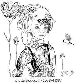 A teenage robot girl looks at flowers and a bird. Zentangle style. Black and white doodle coloring book page for adult and children.