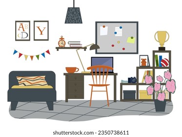 Teenage room interior. Children room furniture - a bed, a table and a chair, a workplace with a laptop, shelves with books. Vector flat illustration. For use on covers, flyers, social networks and fur