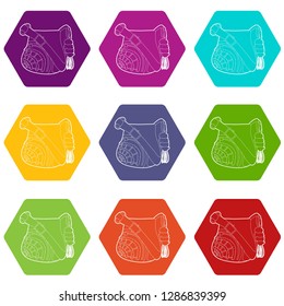 Teenage school backpack icons 9 set coloful isolated on white for web
