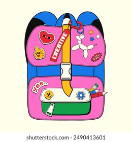 Teenage school backpack with various keychains, stickers, toys of the 90s. Vector illustration of a colorful school bag in a retro linear hand-drawn style. Back to school.