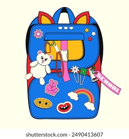Teenage school backpack with various keychains, stickers, toys of the 90s. Vector illustration of a colorful school bag in a retro linear hand-drawn style. Back to school.