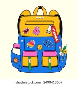 Teenage school backpack with various keychains, stickers, toys of the 90s. Vector illustration of a colorful school bag in a retro linear hand-drawn style. Back to school.