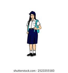 teenage school girl carrying white and blue uniform bag cartoon vector illustration