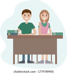 Teenage schoolchildren sitting at the desk. A girl with her hand up. Back to school. Vector illustration