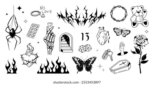 Teenage set of feelings, emotions, associations - goth and emo teenagers, retro set from the 90s and 00s. Stickers, flash tattoo, monochrome Y2K set. Depression and unrequited love. Vector Y2K tattoo