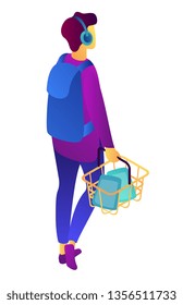 Teenage shopper with shopping basket and headphones listening to music, tiny people isometric 3D illustration. Shopping, customer and supermarket buyer, consumer concept. Isolated on white background.