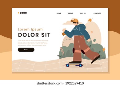 Teenage skateboarder training in urban skateboard park. Extreme leisure, sportive entertainment. outdoor activities, skateboarding hobby, active rest Vector illustration Landing page
