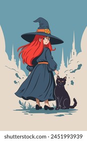 A teenage sorceress in a cloak, hat, with a black cat against the background of white cloud towers.