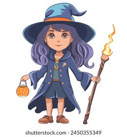Teenage sorceress girl in a blue cloak, hat, with a burning staff and a pot of potion isolated on a white background.