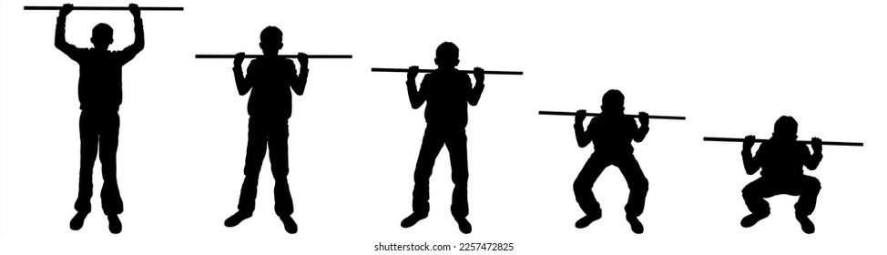 Teenage sport silhouettes. Sports kids. The boy crouches and engaged in various sports and physical exercises during the physical education lesson. Five black silhouettes isolated on white background	