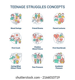 Teenage struggles concept icons set. Major problems facing adolescent idea thin line color illustrations. Peer pressure. Isolated symbols. Editable stroke. Roboto-Medium, Myriad Pro-Bold fonts used