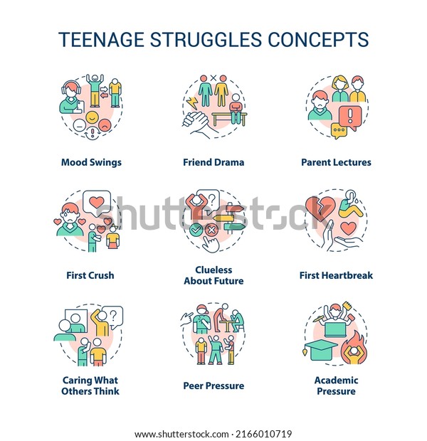 Teenage struggles concept icons set. Major problems\
facing adolescent idea thin line color illustrations. Peer\
pressure. Isolated symbols. Editable stroke. Roboto-Medium, Myriad\
Pro-Bold fonts used
