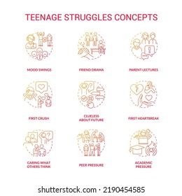 Teenage struggles red gradient concept icons set. Major problems facing adolescent idea thin line color illustrations. Peer pressure. Isolated symbols. Roboto-Medium, Myriad Pro-Bold fonts used