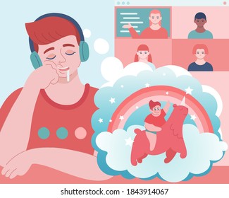 Teenage student bored in class online very much. Nod during online classroom meeting. Distance education in school. Remote learning for teens. Problems of distance education - vector illustration