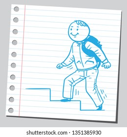 Teenage Student Boy Going Up Stairs. Succesful Learning Concept.Sketch Style Illustration On Sticky Note Background.