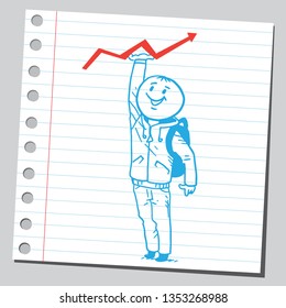 Teenage student boy holding arrow. Successful education concept. Sketch style illustration on sticky note. 