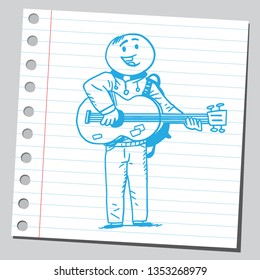 Teenage student boy playing guitar.  Educational concept. Sketch style illustration on sticky note. 