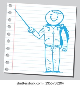 Teenage student boy with pointer stick Educational concept. Sketch style illustration on sticky note. 