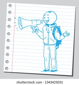 Teenage student boy speaking into megaphone