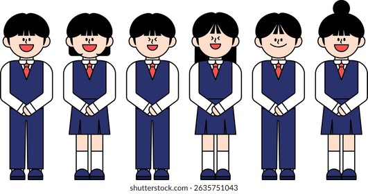 Teenage student characters with various facial expressions, emotional expressions, children wearing school uniforms, vector illustration set
