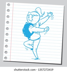 Teenage student girl dancing. Educational concept. Sketch style illustration on sticky note. 