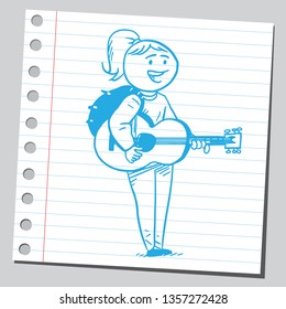 Niña adolescente que toca guitarra. Concepto educativo. Dibujar ilustración de estilo en una nota adhesiva. 