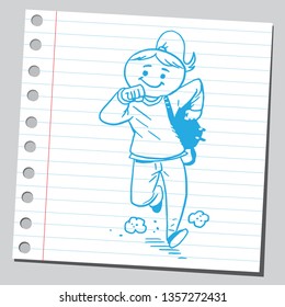 Teenage student girl running. Educational concept. Sketch style illustration on sticky note. 