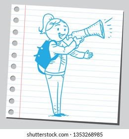 Teenage student girl speaking into megaphone. Educational concept. Sketch style illustration on sticky note. 