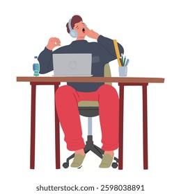 Teenage student yawning feeling tired sleepy and boring during studying online process sitting front of computer laptop vector illustration isolated on white background. Procrastination and exhaustion